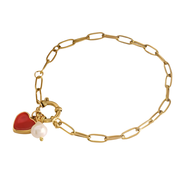 Pulsera Corazon Rojo Perla Oro