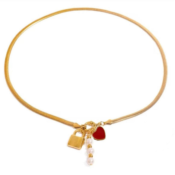 Collar Candado Corazon Rojo Perla oro