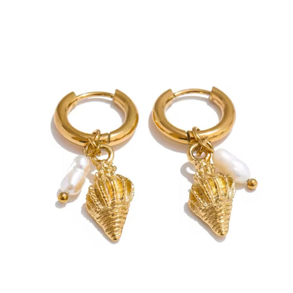 Pendiente Charms Caracola y Perlas oro