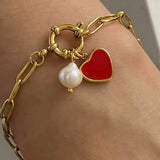 Pulsera Corazon Rojo Perla Oro