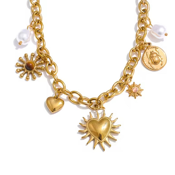 Collar charms Corazón Sol oro