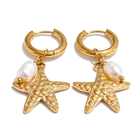 Pendiente Charms Estrella de Mar y Perla oro