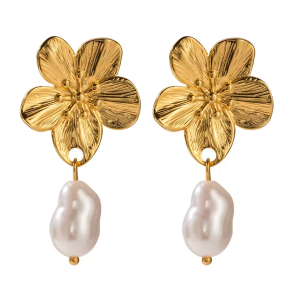 Pendiente Maxi Flor y Perla oro