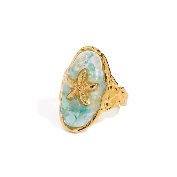 Anillo Estrella de Mar Transparente Agua Marina oro