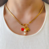 Collar Candado Corazon Rojo Perla oro