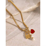 Collar Candado Corazon Rojo Perla oro