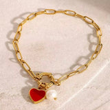 Pulsera Corazon Rojo Perla Oro