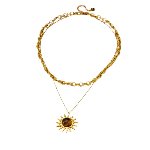 Collar doble sol ojo de tigre oro