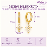 Pendiente Aro Brillo Cruz Plata 925 Dorado