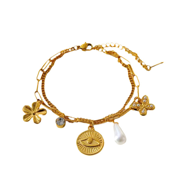 Pulsera charms flores y perla oro